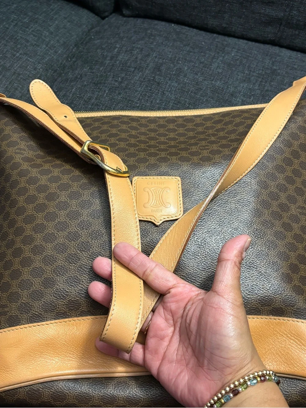 Celine Brown Monogram Canvas Crossbody Bag with Tan Leather Trim